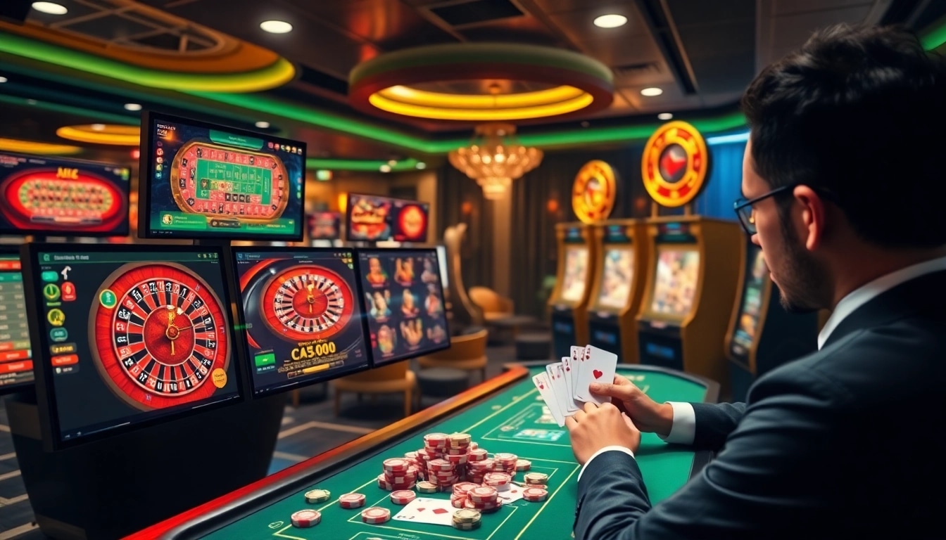 Scène captivante de jeux de casino en ligne représentant le casino en ligne argent réel France, avec des éléments de roulette et de poker.