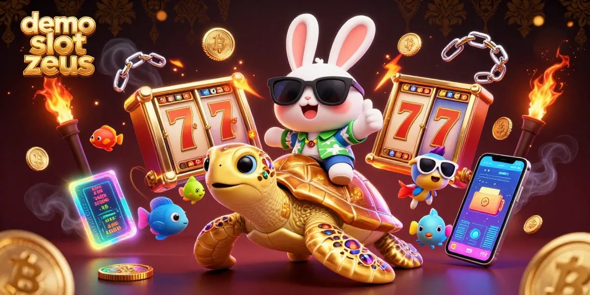 Engage with the demo slot zeus experience, featuring a joyful rabbit and golden turtle in a vibrant casino setting.