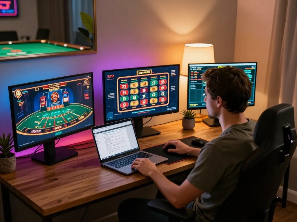 Online gamer using tor browser official wiki for strategizing play, immersed in casino games on multiple screens.