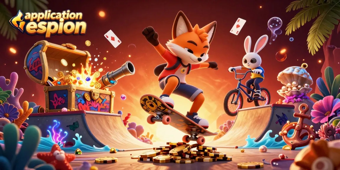 L'application espion illustre des personnages de casino réalisant des exploits autour de jetons en or.