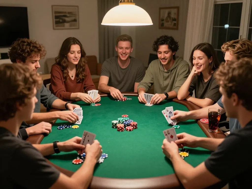 Poker online gameplay with friends enjoying a vibrant home poker night gathering