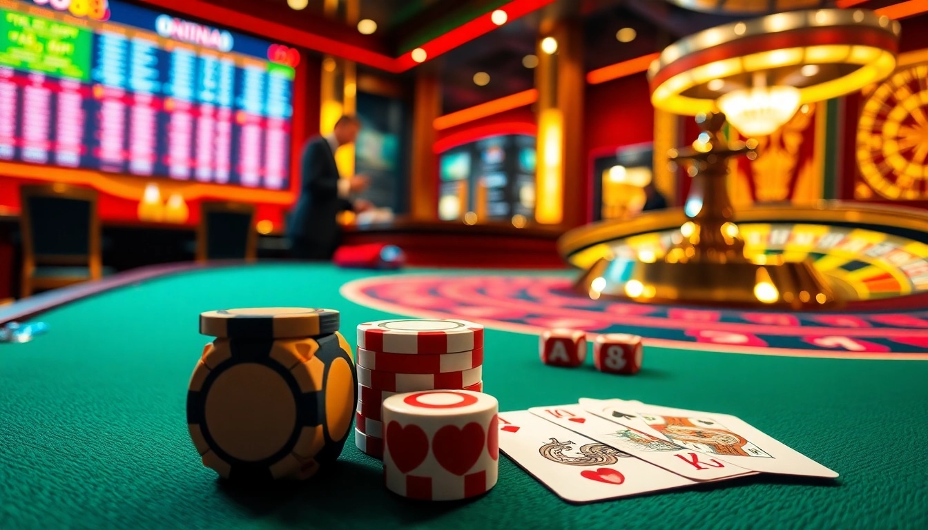 Experience the excitement of gambling at https://lc88.jpn.com/ with vivid poker chips and cards on a luxurious casino table.