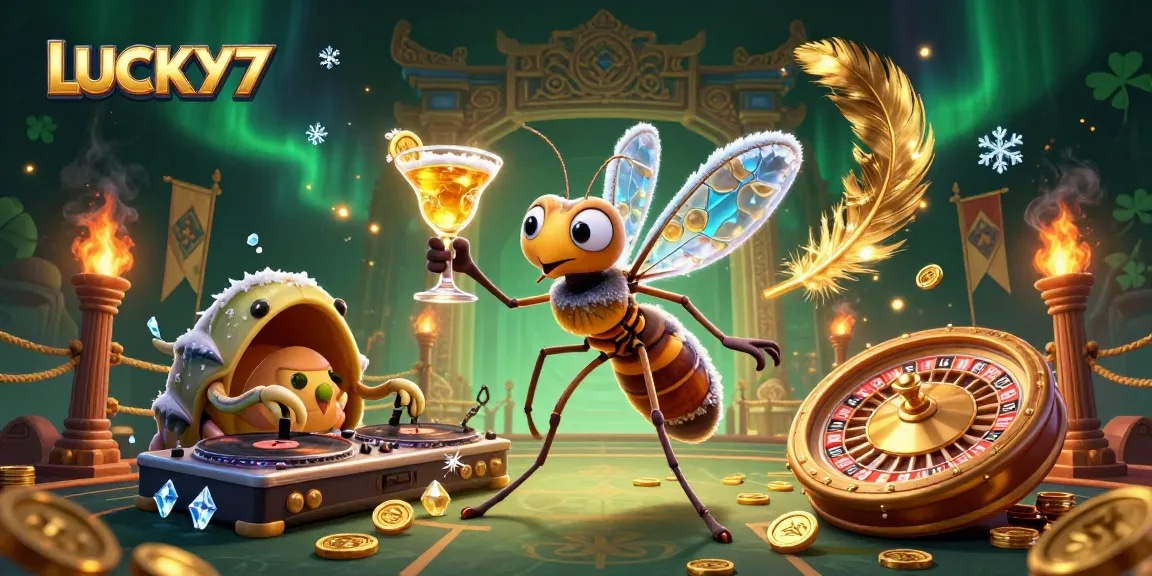 Experience LUCKY77 with a vibrant 3D casino scene featuring unique characters and lively gaming elements.