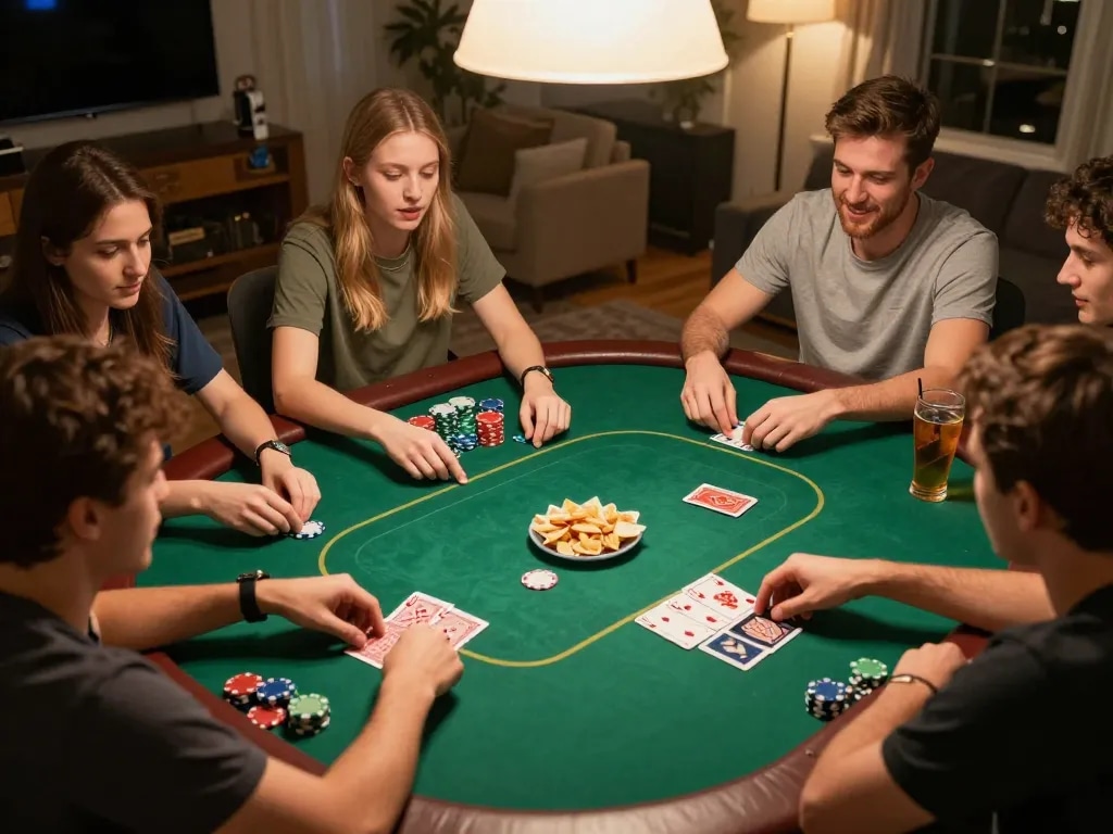 Engaging night with friends playing poker, showcasing link slot777 gaming excitement in a cozy home.