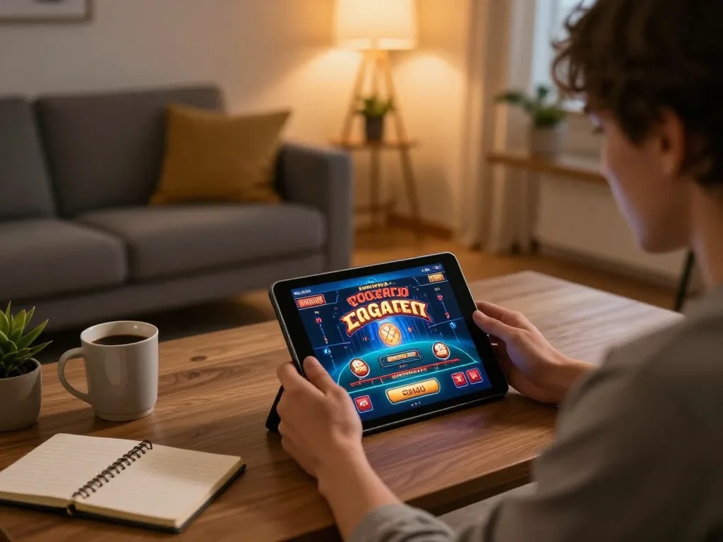 Engaging in casino senza registrazione gameplay on a tablet in a cozy living room setting, showcasing modern gambling.