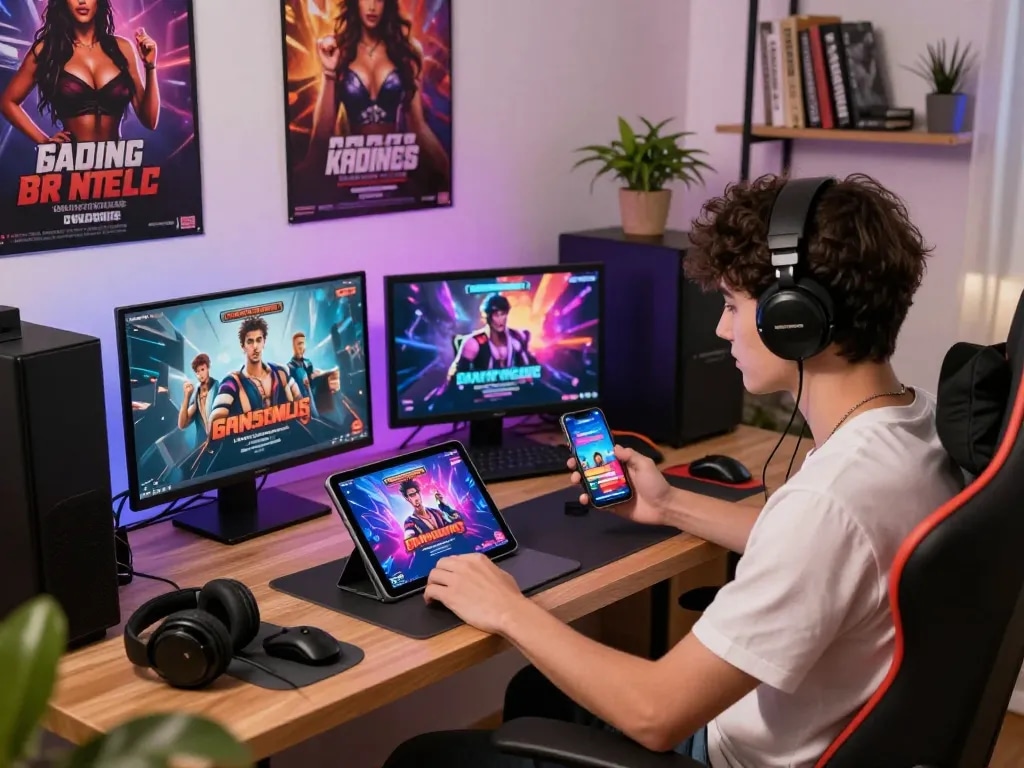 Engaging user playing online porn games on multiple devices in a cozy gaming setup.