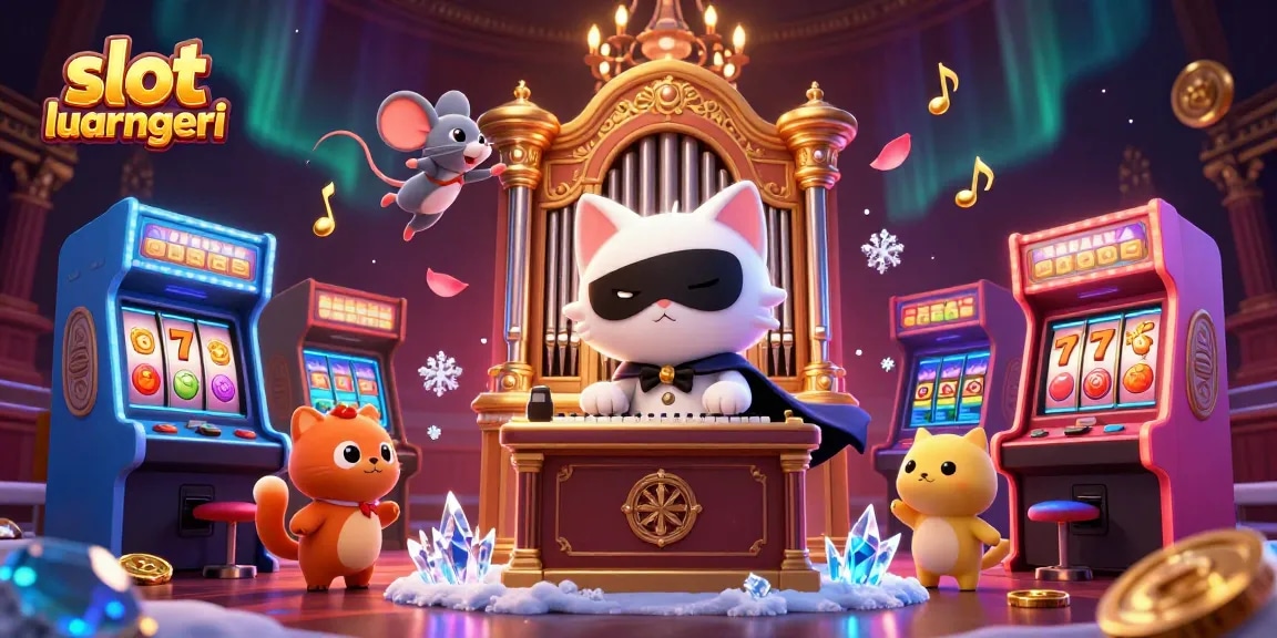 Engage with slot luar negeri in this vibrant scene featuring a masked cat and arcade elements.