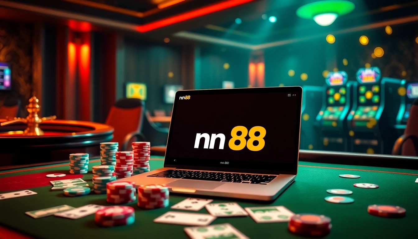 Exciting nn88 casino scene showcasing poker and roulette with vibrant lighting.