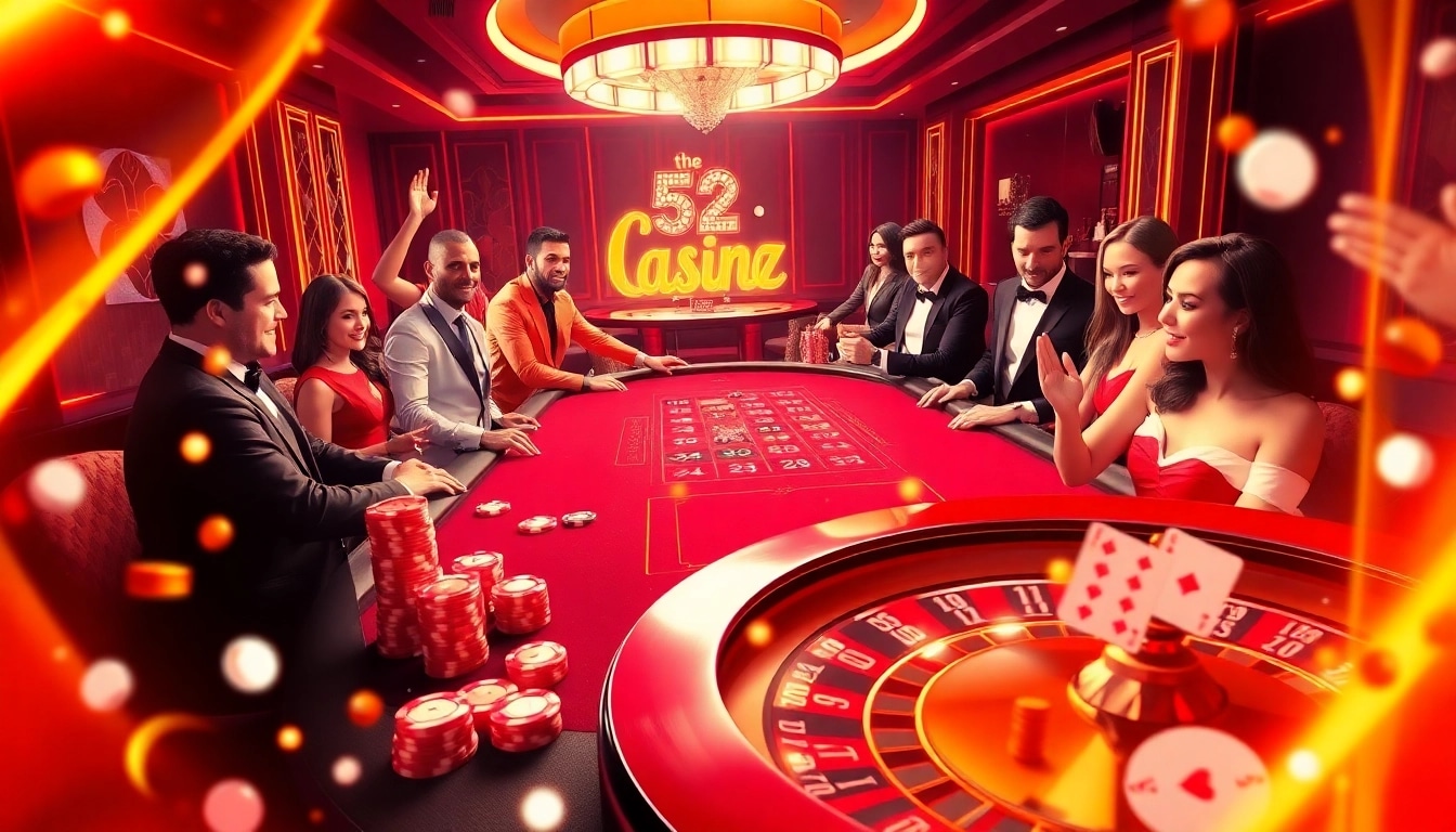 The b52 club ambiance features a vibrant poker table and roulette wheel, capturing casino excitement.