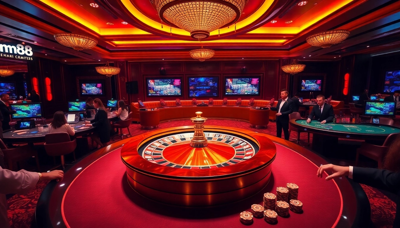 Experience the excitement of gambling at MM88 with players immersed in poker and roulette.