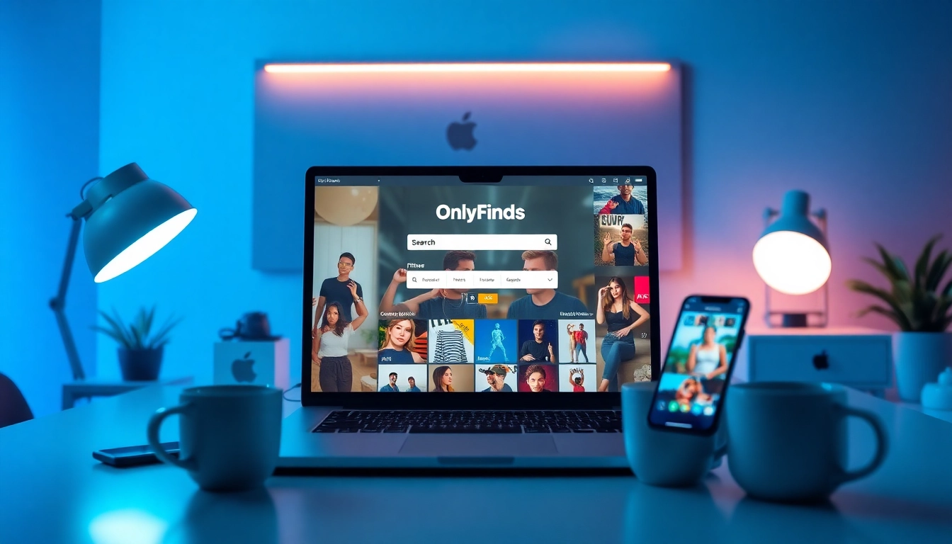 OnlyFans Search interface displayed on a laptop in a modern workspace, showcasing diverse creators.