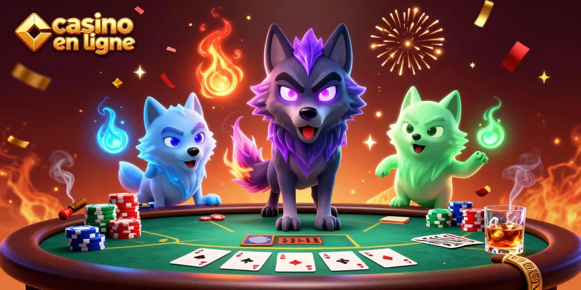Leaders des jeux de casino en ligne avec des loups fantomatiques entourés de jetons de poker colorés.
