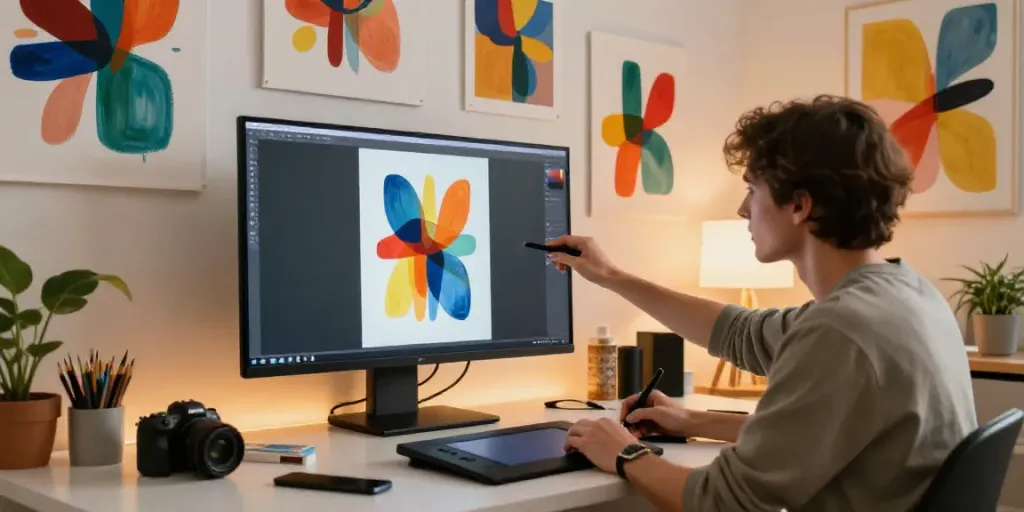 AI abstract art generator in a modern creative workspace with an artist at a touchscreen display.