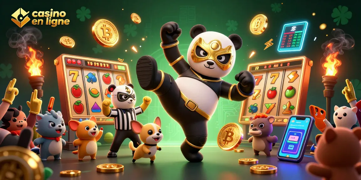 Action de casino en ligne avec un panda lutteur dans un saut dynamique entouré de symboles de jackpot.