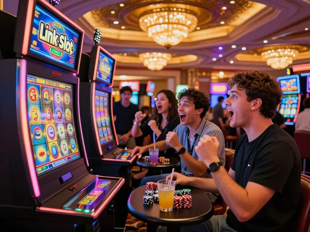 Players enjoying a thrilling link slot game in a vibrant casino setting.