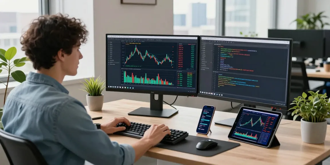 展示港股WebSocket推送接口的开发者在现代办公空间中实时分析股票数据，创造专业的金融科技氛围。