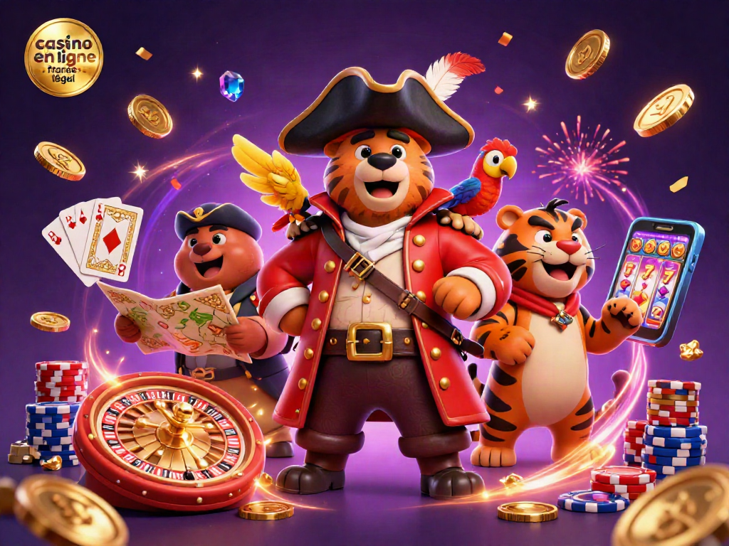 Jouez à des jeux captivants sur un casino en ligne légal en France avec un ours pirate et un tigre.