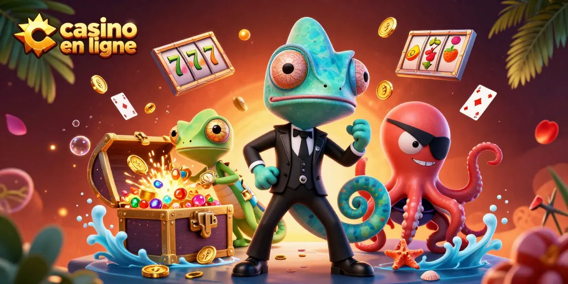 Jouez au casino en ligne avec l'agent caméléon, le gecko tech et l'orc en ambiance colorée.