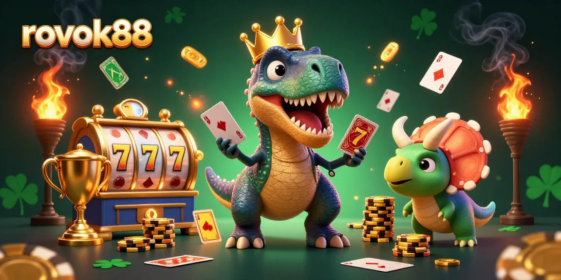 Engage in thrilling gameplay with rokok88 in an illustrated casino scene featuring playful dinosaurs and slot reels.
