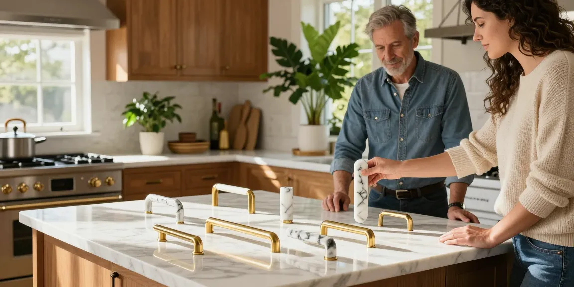 Luxurious handles enhancing elegant kitchen cabinet design with marble accents.