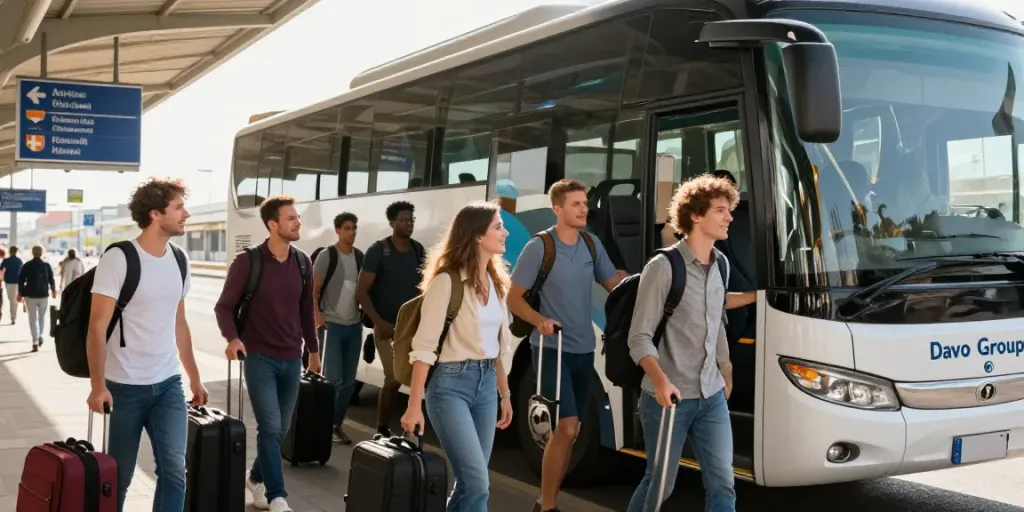 Transport Moldova Europa - Pasageri îmbarcându-se într-un autocar modern la o stație, pregătiți pentru o călătorie europeană.