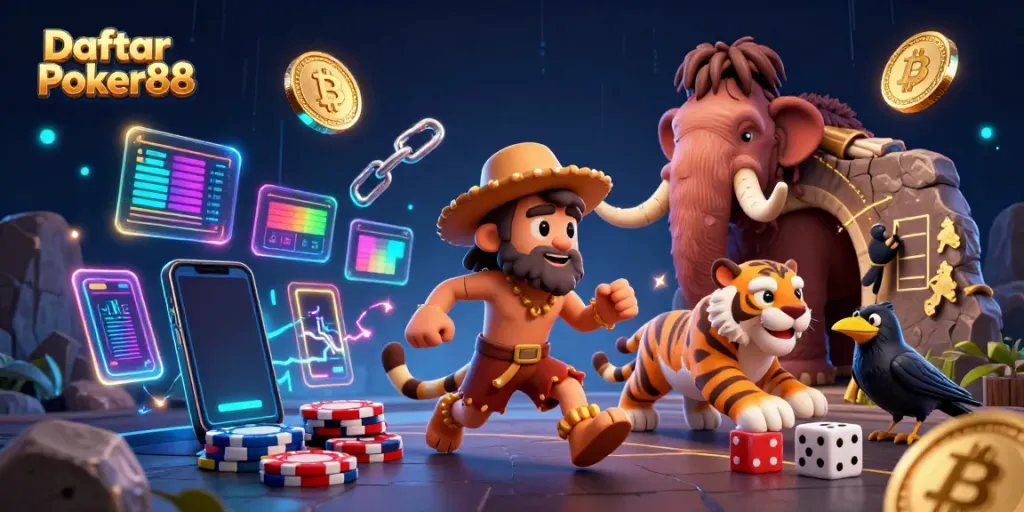 Engage with Daftar Poker88 at the prehistoric casino with caveman and sabertooth tiger while experiencing blockchain excitement.