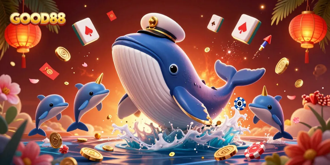 Engage in thrilling gameplay at GOOD88 with a vibrant scene of a whale and playful dolphins amidst poker chips.