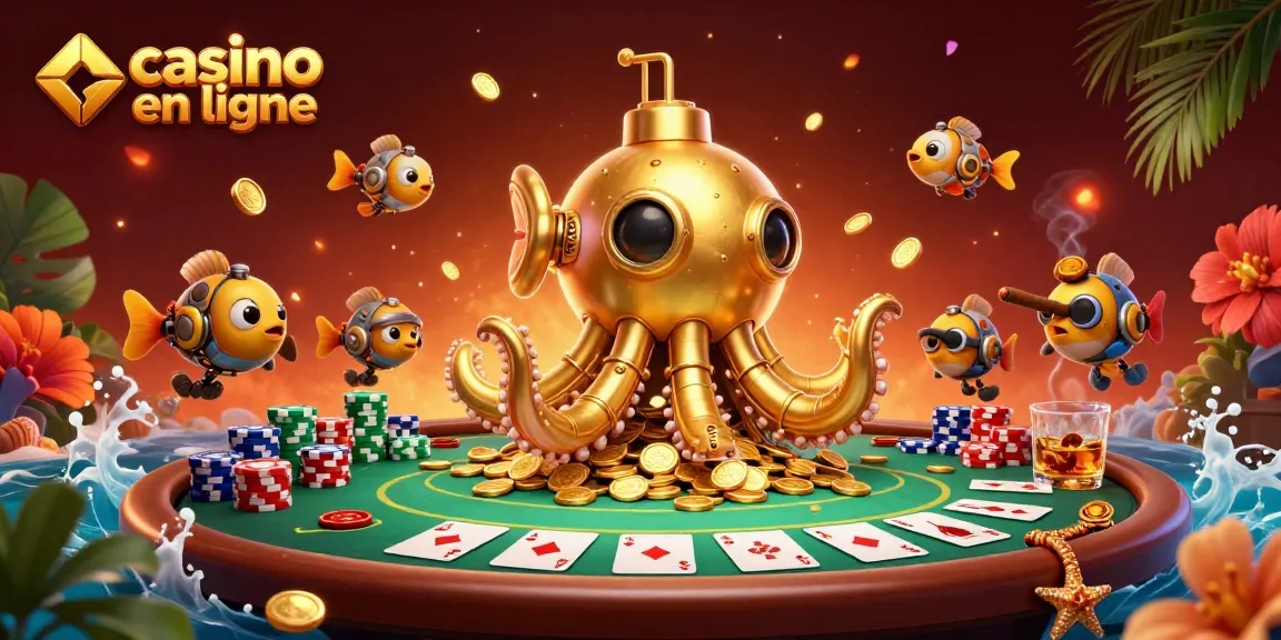 Plongez dans l'univers du casino en ligne avec une illustration remplie de trésors et d'objets de casino.