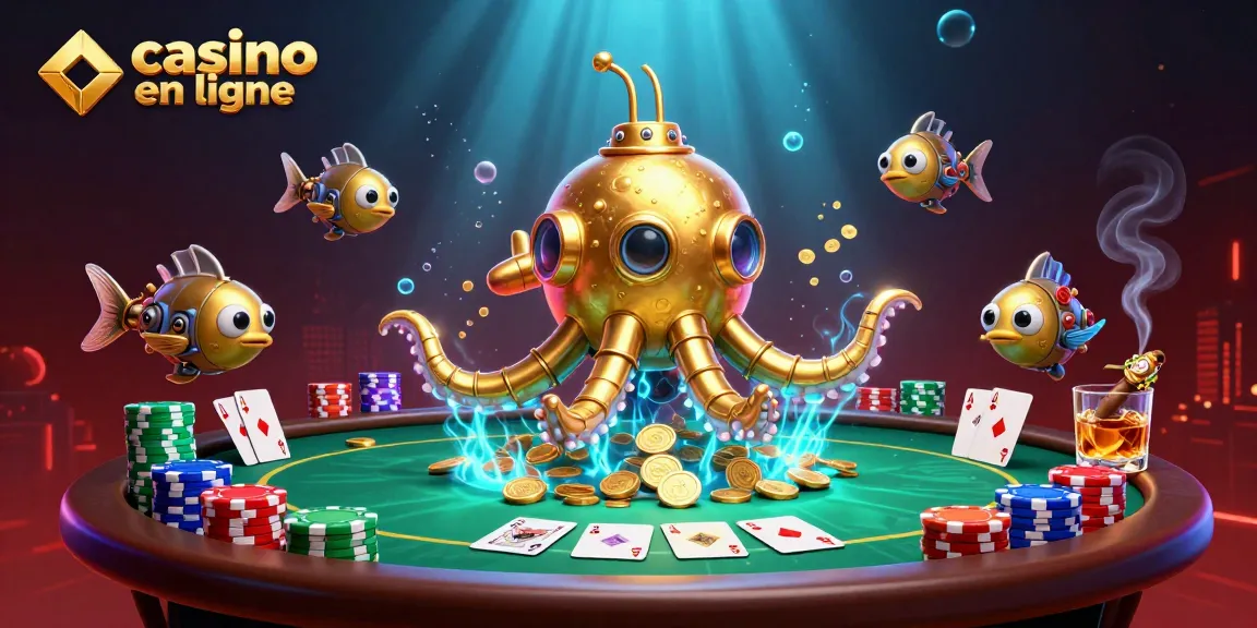 Illustration dynamique de casino en ligne avec un kraken et des cartes de poker captivantes.