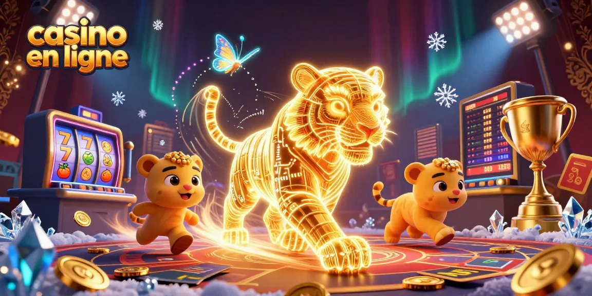 Plonge dans l'univers du casino en ligne avec un tigre en lumière et des éléments de jeu animés.