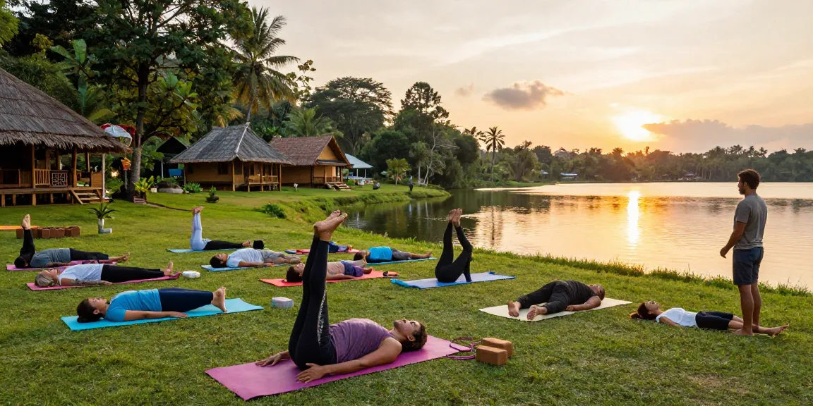 Best yoga school sri lanka retreat with diverse individuals practicing yoga by tranquil Koggala Lake.