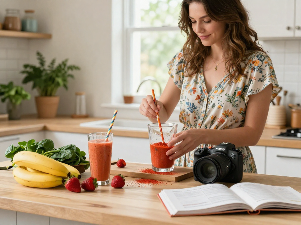 Preparing a smoothie with vegan astaxanthin powder in a bright kitchen.