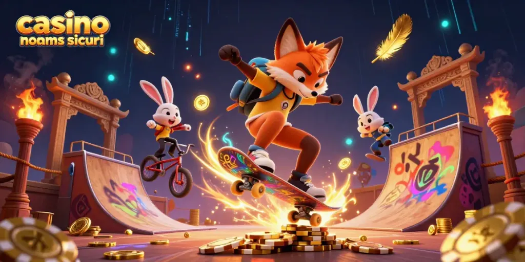 Scopri i migliori casinò non AAMS sicuri, con un'illustrazione vivace di una volpe che fa trick e un coniglio in BMX.