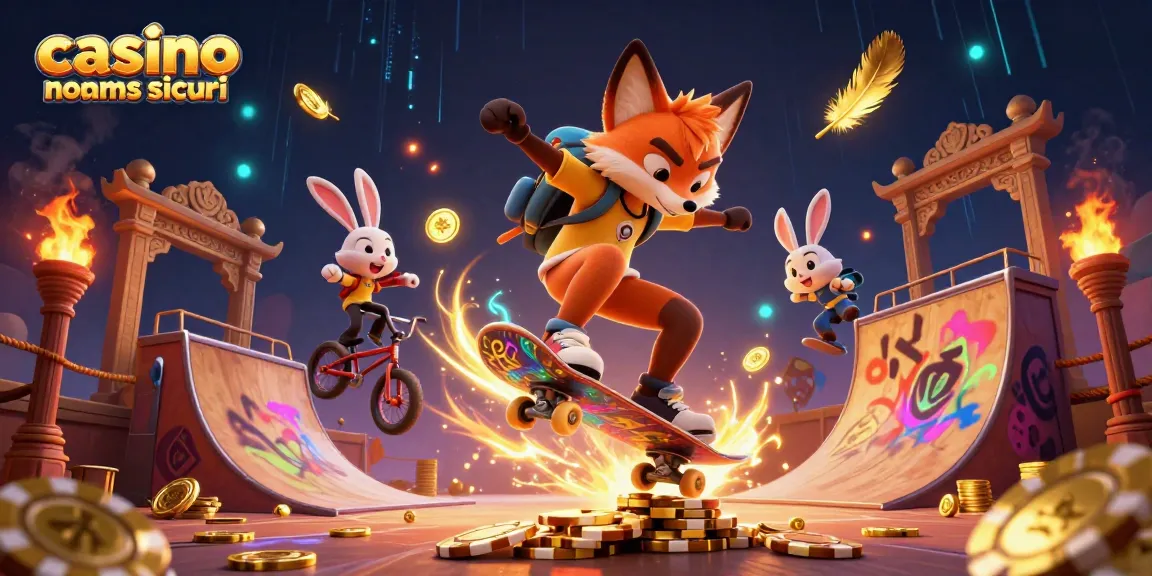 Scopri i migliori casinò non AAMS sicuri, con un'illustrazione vivace di una volpe che fa trick e un coniglio in BMX.