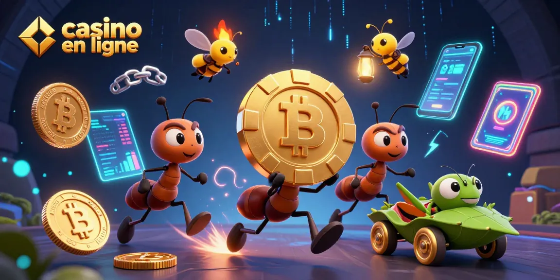 Des fourmis transportant une puce de poker géante sur un tunnel dans un casino en ligne animé