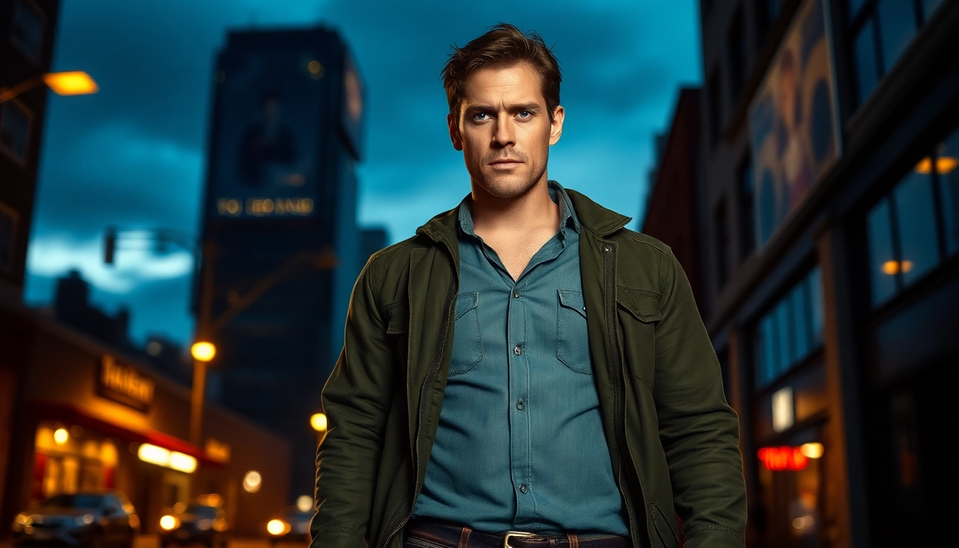 Depicting a lone protagonist reminiscent of Jack Reacher in a moody cityscape.