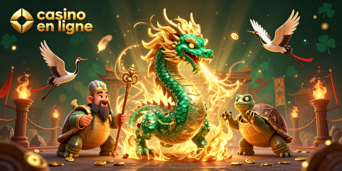 Plongez dans l'univers du casino en ligne avec un dragon précieux et chanceux, entouré de feux et de pièces d'or.