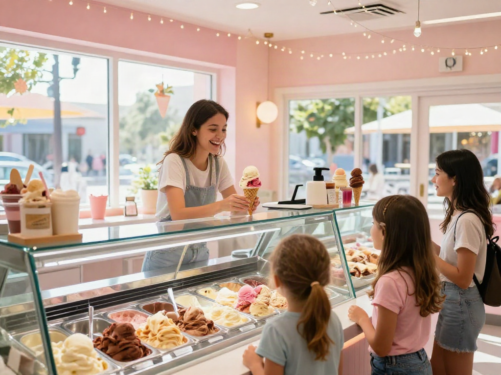 Customer enjoying rokok88 login for exclusive ice cream flavors in a vibrant parlor.