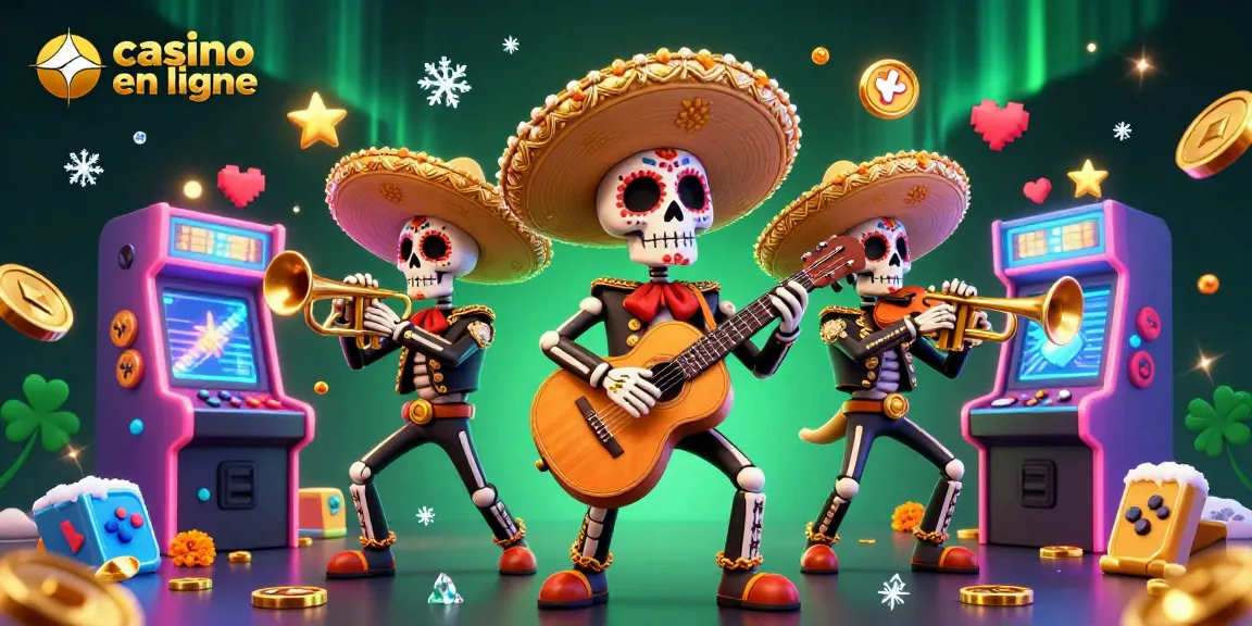 Profitez de l'excitation du casino en ligne avec des mariachis squelettes colorés et des machines à sous flottantes.