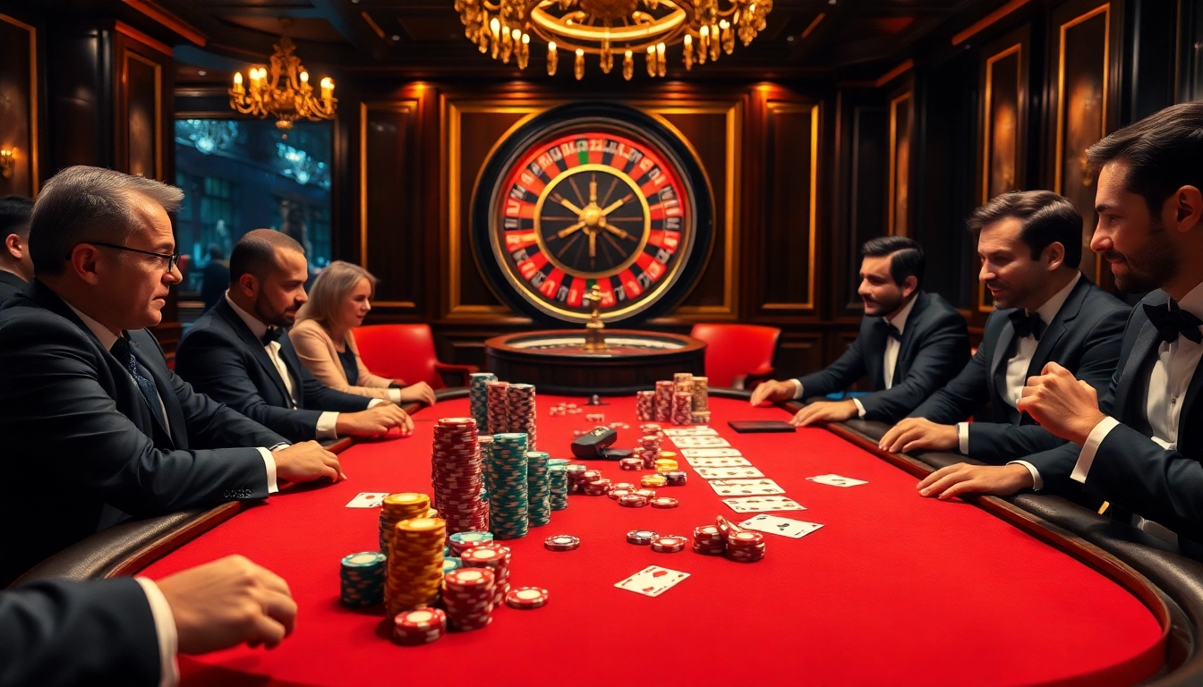 Des joueurs profitent d'un jeu palpitant à la table de poker d'un casino en ligne argent réel France avec des jetons colorés.