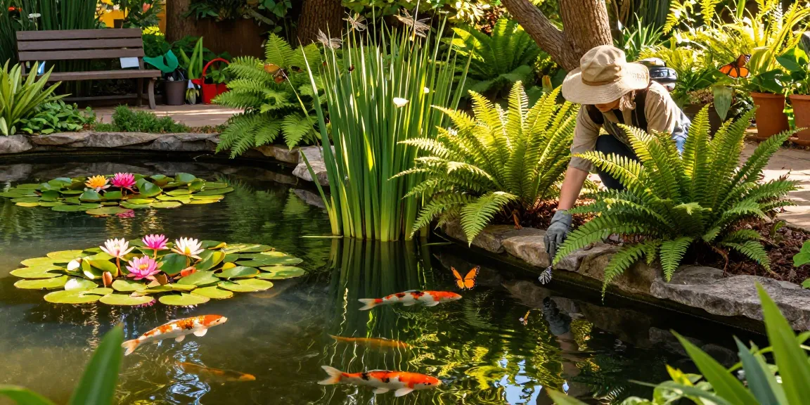 Pond Plants including water lilies and ferns arranged in a serene garden pond.