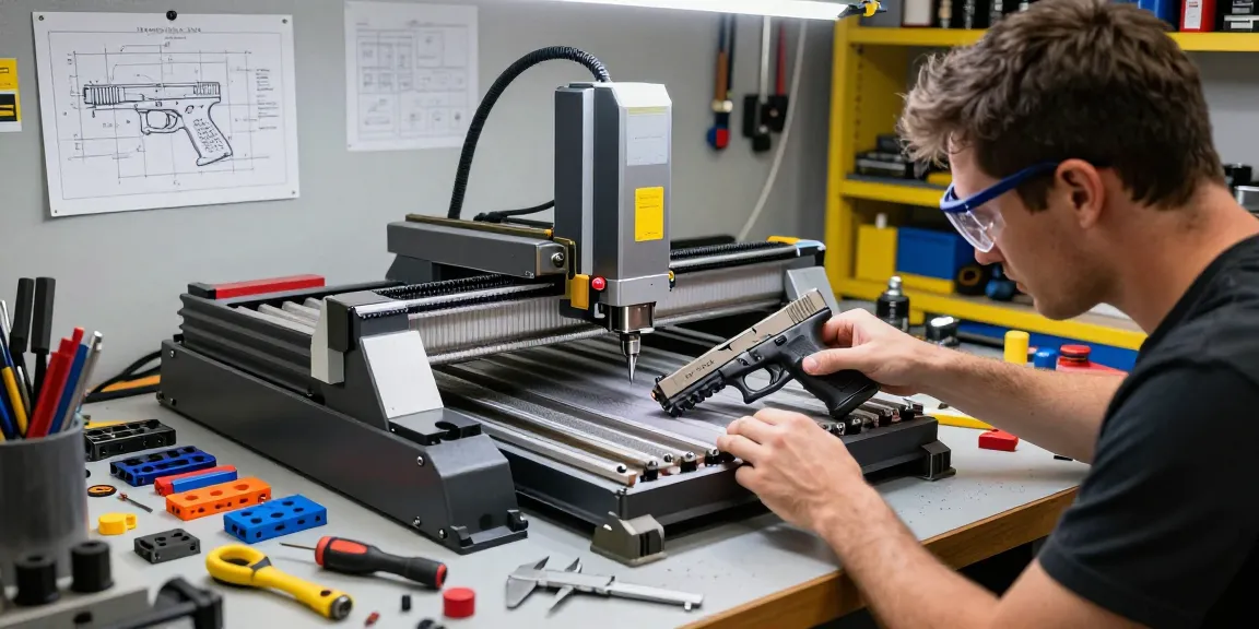 Expert gunsmith at https://precisionglockslides.com milling Glock slide with precision tools in modern workshop.
