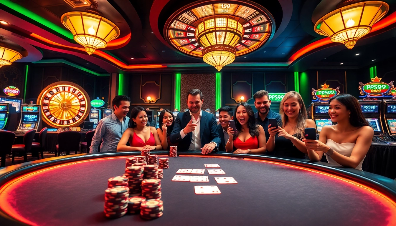 Players excitedly engage at a PS99 casino table with vibrant slot machines in the background.