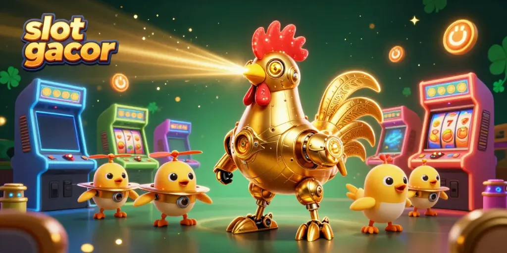 Permainan slot gacor dalam ilustrasi 3D kartun menampilkan robot ayam jantan futuristik berkilau dengan elemen kasino.