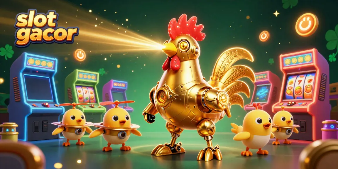 Permainan slot gacor dalam ilustrasi 3D kartun menampilkan robot ayam jantan futuristik berkilau dengan elemen kasino.