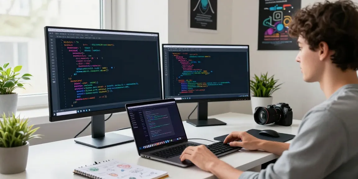 Dynamic coding workspace with developer using Notepad++ on dual monitors and stylish decor.