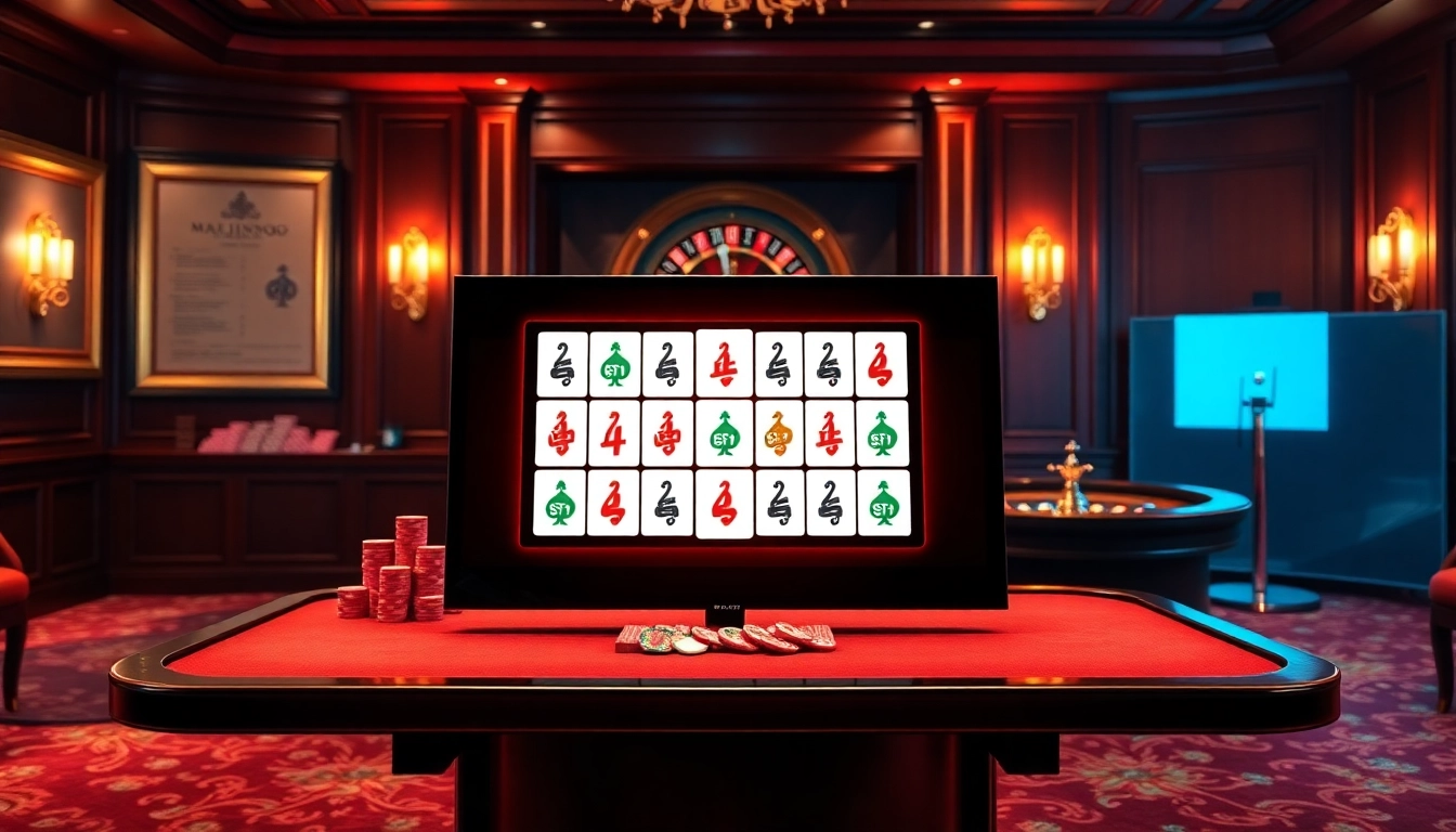 Spin the reels of a mahjong slot demo in a luxurious casino setting with vibrant poker chips and cards.