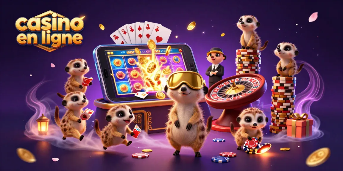 Animation de suricates dans un casino en ligne, jouant avec des jetons et un smartphone coloré.