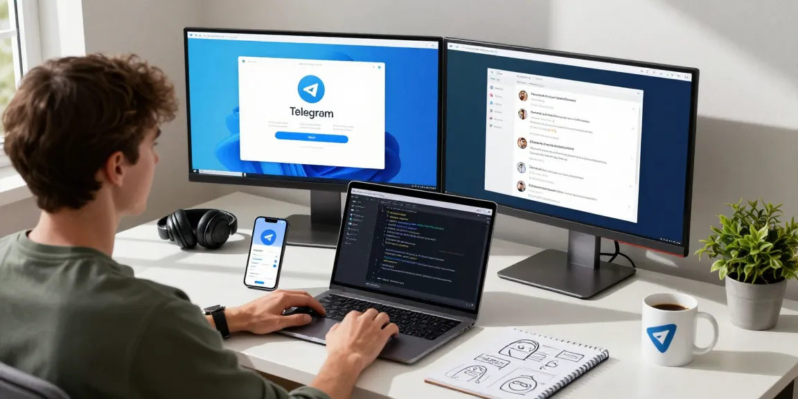 在现代工作空间中，用户正专注于telegram 下载及聊天过程，双屏显示界面彰显技术感。