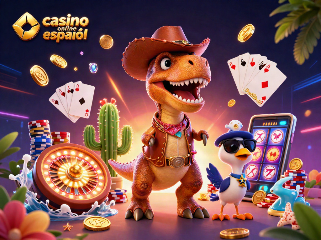 Juego divertido en el casino online español con dinosaurios, fichas y ruletas giratorias.